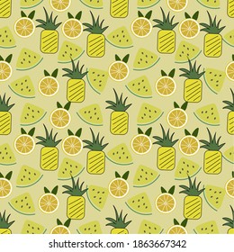 Pineapple and slice of watermelon and lemon ilustration seamless pattern.Great for textile,fabric,wrapping paper,ceramic motifs.