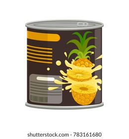 Pineapple slices in aluminum can with ring-pull. Concept of canned tropical fruit. Food conservation. Flat vector design for flyer or placard of grocery shop