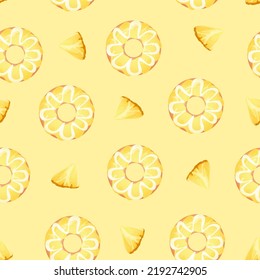 Pineapple slices and donuts on yellow background. Seamless pattern with pieces of tropical fruit and sweet donuts. Vector food illustration in cartoon style.