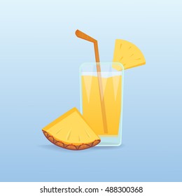 Pineapple slices and fresh juice isolated. Fresh natural tropical coctail realistic fruit. Cartoon health food.