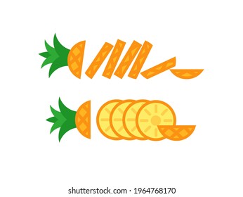 Pineapple slices laying in horizontal row. Vector isolated on white.