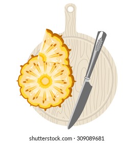 Pineapple slices on a cutting board. Nearby lies the knife.