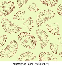 Pineapple slices seamless pattern. Cut tropical fruit sketch style. Hand drawn vector illustration.