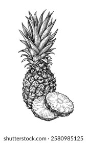 Pineapple slices and whole fruit. Ink sketch. Hand drawn vector illustration. Retro style.