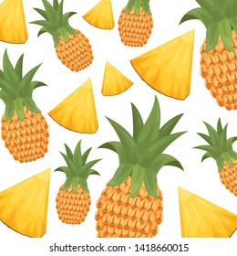 pineapple slices and whole tropical fruits background vector illustration