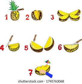 Pineapple slicing sequence. Scheme for packaging. Knife cutting