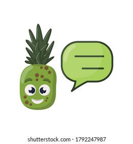 pineapple smiling happy cartoon character with dialog box icon isolated on white background