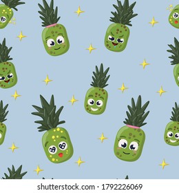 pineapple smiling happy open minded cartoon character repeat seamless pattern on blue background