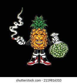 pineapple smoking joint and hold nug from weed cannabis bud flower marijuana and stay relax happy face