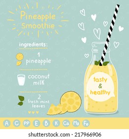 Pineapple smoothie recipe. With illustration of ingredients and vitamin. Doodle style