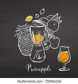 Pineapple smoothie scene on chalkboard. Hand drawn healthy food sketch. Black and White Vector Drawing on Blackboard. 