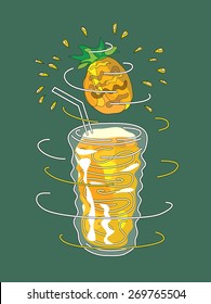 Pineapple smoothie vector concept. Design element for cafe or restaurant with energetic fresh drink. Fresh juice for healthy life. Organic raw shake. Hand drawn illustration. Rotating glass.