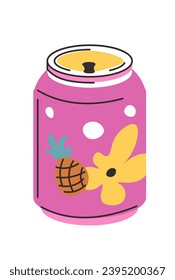 Pineapple soda in tin can, organic and natural drink. Healthy and tasty beverage without added sugars for nutrition and dieting for wellness. Delicious complement to meal menu. Vector in flat style