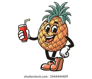 Pineapple with soft drink cartoon mascot illustration character vector clip art hand drawn