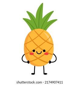 Pineapple stands. Cartoon character pineapple with arms and legs, with different emotions. Vector illustration isolated on white background