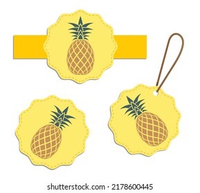 Pineapple sticker for fresh pineapple or juice packaging. Canned vegetables and fruits. Summer harvest. Advertising poster with fruit silhouette. Simple flat vector
