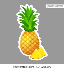 pineapple sticker isolated on white background. Bright vector illustration of colorful half and whole of juicy pineapple. Fresh cartoon