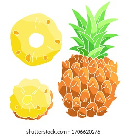 Ananas-Aufkleber auf weißem, isoliertem Hintergrund. Exotische Fruchtstücke für Geschenkkarte, Logo des gesunden Lebensmittelgeschäfts, Badziegel, Saftpack. Telefonzelle oder Stoffdruckkunst. Stockillustration im gezeichneten Stil