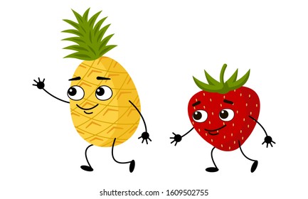 Pineapple and strawberries go together. The cartoon character smiles and waves his hand in greeting.