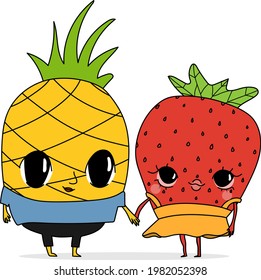 Pineapple and strawberries love fruits. Cartoon ananas juice cute characters holding hands, love, valentine's day. Vector illustration isolated.
