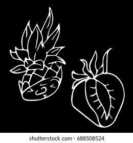 Pineapple and strawberry illustration. Doodle style. Design icon, print, logo, poster, symbol, decor, textile, paper, card. 