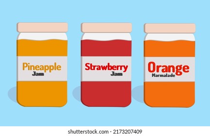 Pineapple, strawberry and orange jam on glass jar, healthy food for breakfast, snack for lunch or for your topping cake