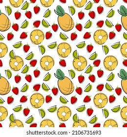 pineapple and strawberry pattern, vector, hand drawn