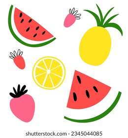 Pineapple, strawberry, watermelon and berries in different colors in flat style. Mini set of cute fruits and berries isolated on a white background.