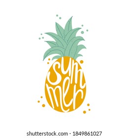 Letras veraniegas de piña. Texto dibujado a mano en silueta de frutas, afiche tropical, postal de vacaciones brillantes, caricatura del doodle de pegatinas de verano ilustración aislada para imprimir en camisetas y bolsas