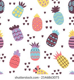 Pineapple summer pattern. Colorful pineapples seamless texture. Fruit decorative print for textile or fabric, wallpaper, cards design. Fresh exotic decent vector food