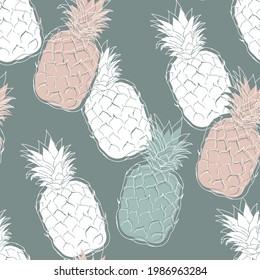 Pineapple summer  seamless pattern design with stylish fruits on greenish background. Jungle texture repeatable endless summer tropical background. Textile floral botanical  print.