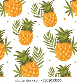 Pineapple summer tropical fruit and hawaiian leaf watercolor seamless pattern