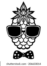 Pineapple, sun glasses and bow tie black sketch cartoon hand drawn illustration isolated on a white background - vector