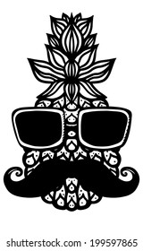 Pineapple, sun glasses, mustache black sketch cartoon hand drawn illustration isolated on a white background - vector