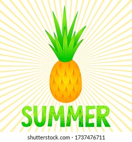 Pineapple with sunbeams. Doodle. Color vector illustration. Hand-drawn. Isolated on a white background with text. Bright decorative pineapples for your design.