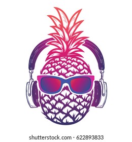Pineapple with sunglases and headphones. Summer consept. Vector illustration.