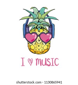 Pineapple with sunglases and headphones. Vector illustration.