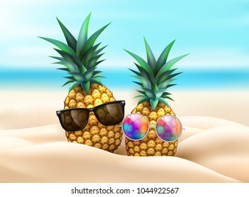 Pineapple in sunglasses in beach sand on seaside background. realistic funny fruit 3d tropical pool beach party poster template. Exotic funny fruits summer vacation organic object, vector illustration