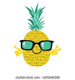 Pineapple in sunglasses . Cartoon summer character. Vector illustration on white.