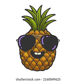 pineapple in sunglasses color sketch engraving vector illustration. T-shirt apparel print design. Scratch board imitation. Black and white hand drawn image.