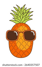 Pineapple with sunglasses hand drawn illustration, isolated vector. Line art style design. Summer clip art, seasonal element, print. Tropical fruit, exotic food, funny cartoon character, symbol