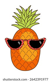 Pineapple with sunglasses hand drawn illustration, isolated vector. Line art style design. Summer clip art, seasonal element, print. Tropical fruit, exotic food, funny cartoon character, symbol