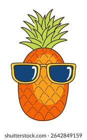 Pineapple with sunglasses hand drawn illustration, isolated vector. Line art style design. Summer clip art, seasonal element, print. Tropical fruit, exotic food, funny cartoon character, symbol