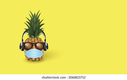 Pineapple with sunglasses and headphones wearing face mask because of virus epidemic in the world. Complete two doses of vaccinations. Travel vacation summer concept during an epidemic. 3D Vector.