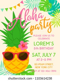 Pineapple with sunglasses illustration for party invitation card template