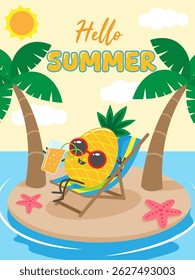 Pineapple with sunglasses lounging on a beach chair in a tropical island. Suitable for summer vacation concepts and tropical designs.