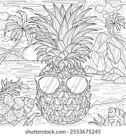 Pineapple in sunglasses on the beach with palm trees.Coloring book antistress for children and adults. Illustration isolated on white background.Zen-tangle style. Hand draw