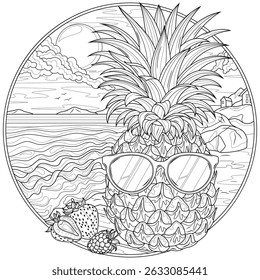 Ananas in Sonnenbrille am Meer in einem runden Rahmen .Malbuch Antistress für Kinder und Erwachsene. Abbildung einzeln auf weißem Hintergrund. Handzeichnung