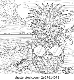 Abacaxi em óculos de sol na orla. livro de colorir antisstress para crianças e adultos. Ilustração isolada em fundo branco. Desenho da mão