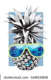Pineapple with sunglasses with palm trees vector illustration print for t shirt